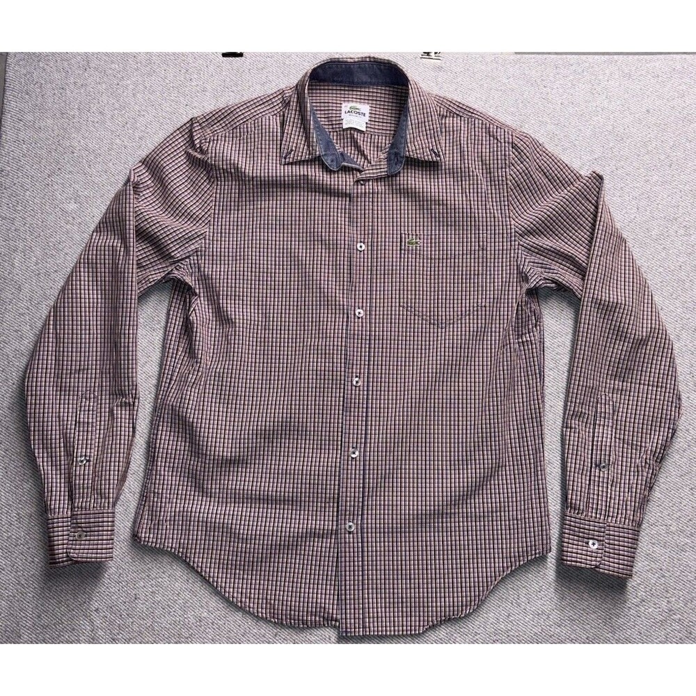Lacoste Mens Button Down Size 40 Regular Fit Red and Blue Plaid Long Sleeve
